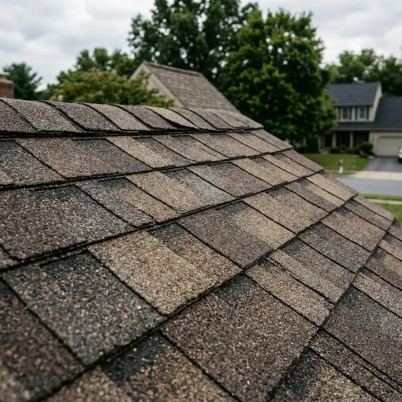 Close detail of new architectural asphalt shingles with layered texture and shadow lines