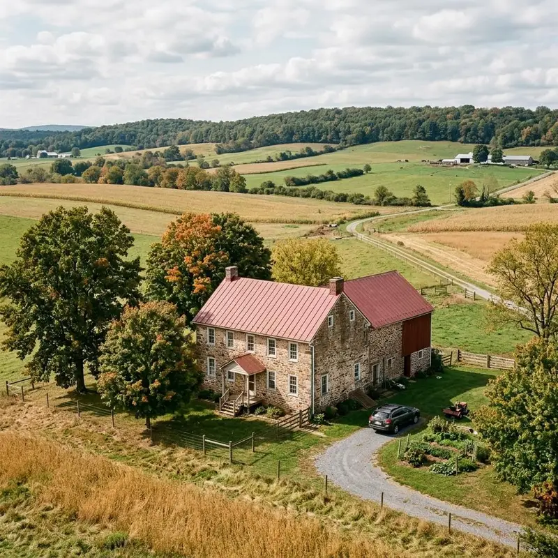 Stone farmhouse with a red standing seam metal roof among fields
