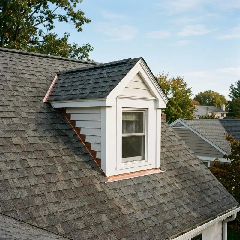 Dormer window on a shingle roof with white trim and metal step flashing