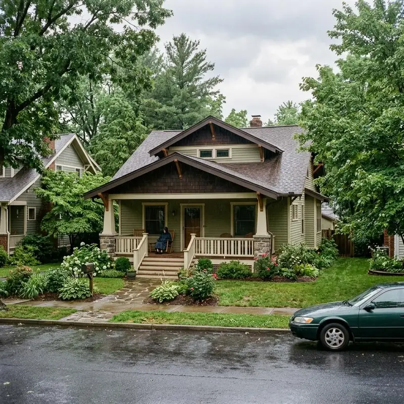 Craftsman bungalow with a dark brown shingle roof, wide eaves and a front porch after rain