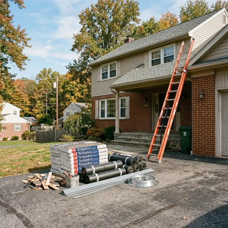 Roofing shingle bundles, underlayment rolls and drip edge staged on a driveway beside a ladder