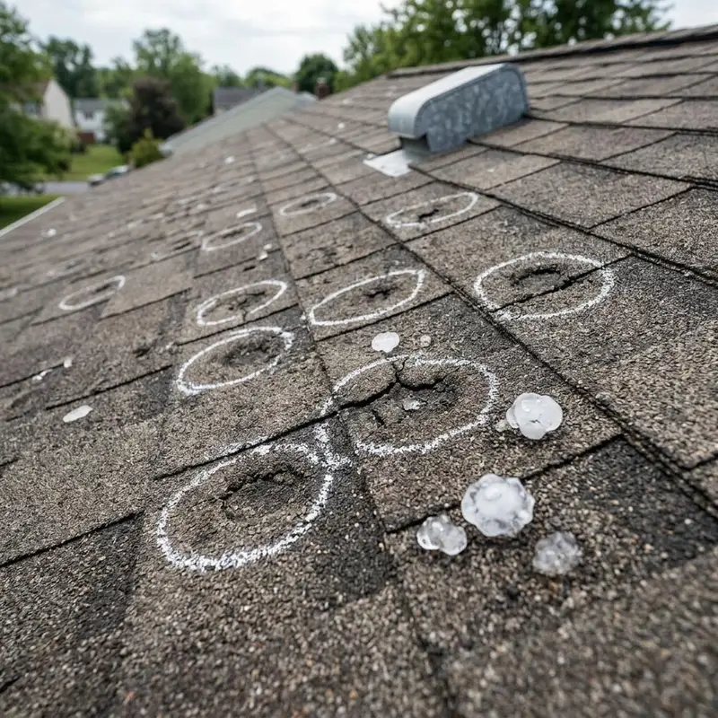 Asphalt shingles with round hail impact marks circled in white chalk