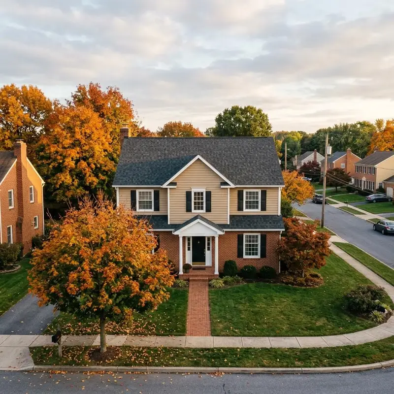 Illustration of a two story brick home with a charcoal shingle roof in late afternoon light