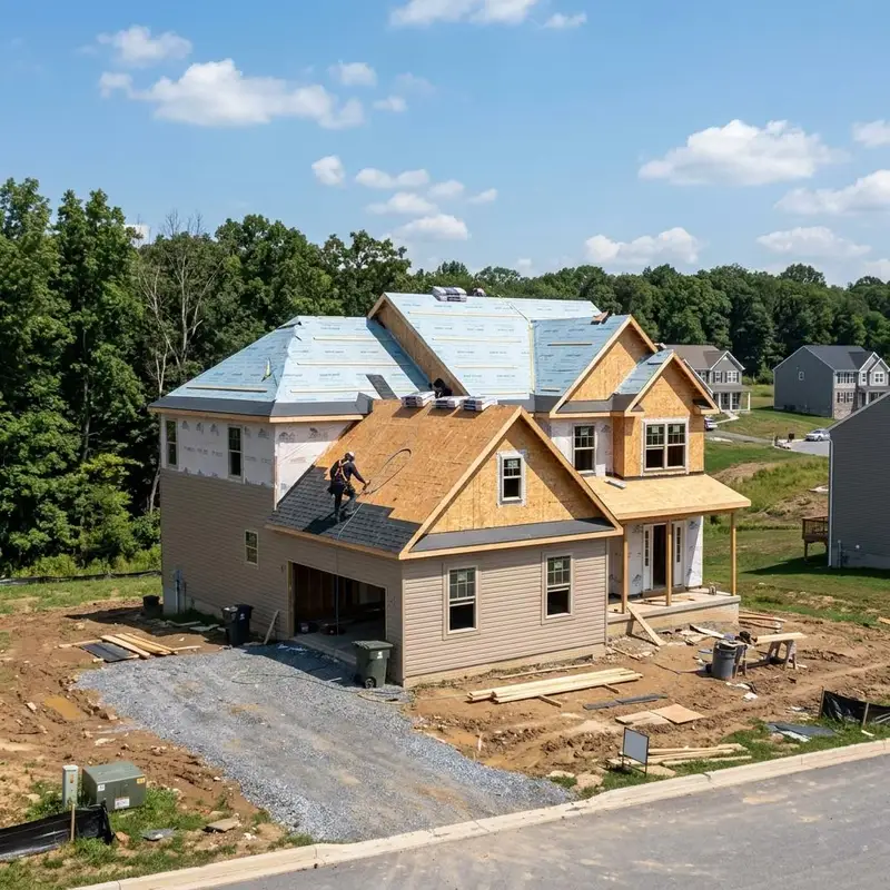 New construction house roof with fresh sheathing, underlayment and drip edge partially shingled