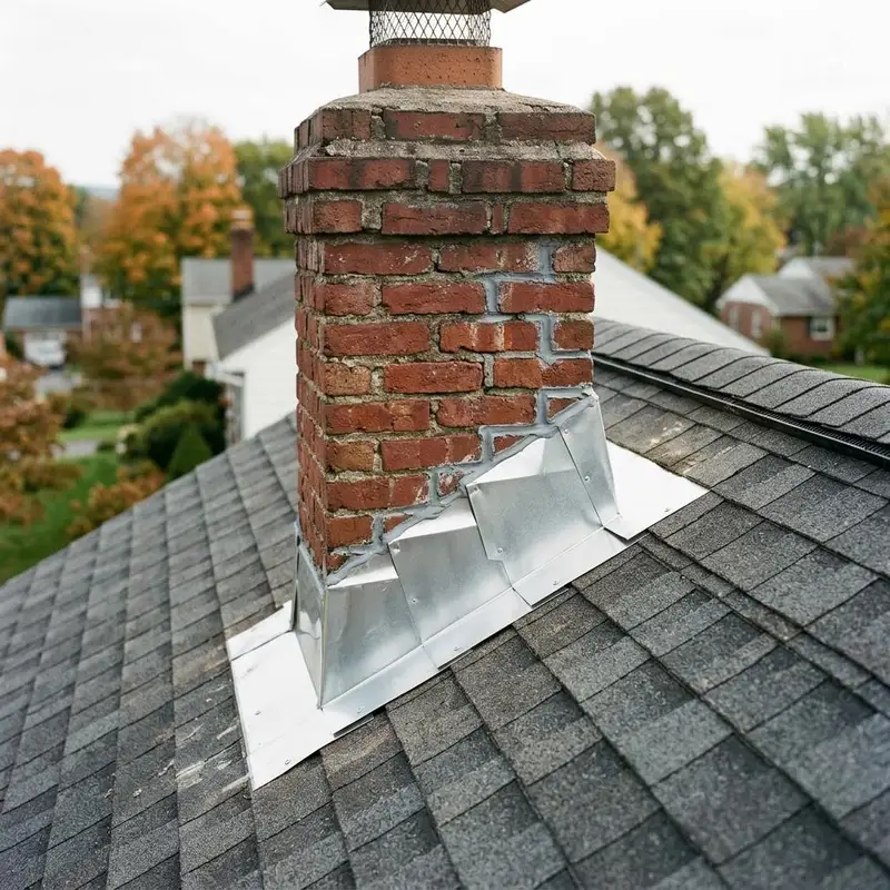 New step flashing and counter flashing around a red brick chimney on a shingle roof