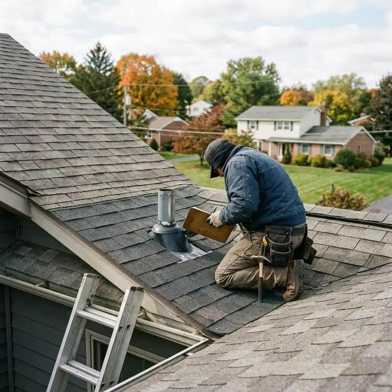 Roofer kneeling on a shingle roof with a clipboard examining a vent boot