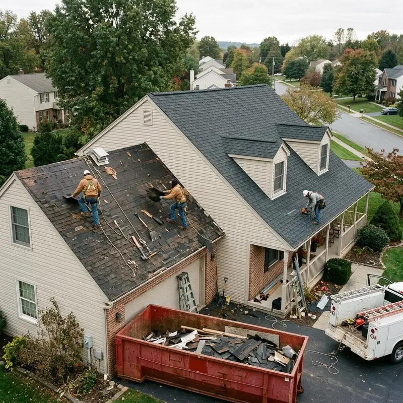 Old shingles being removed from one side of a house roof while new shingles go on the other side