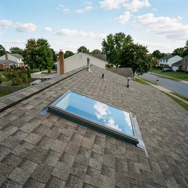New skylight set into a shingle roof with a clean flashing kit reflecting the sky