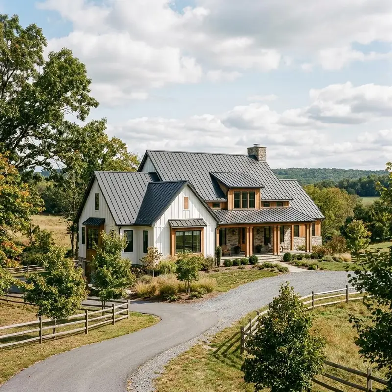 Charcoal standing seam metal roof on a modern farmhouse with crisp vertical seams