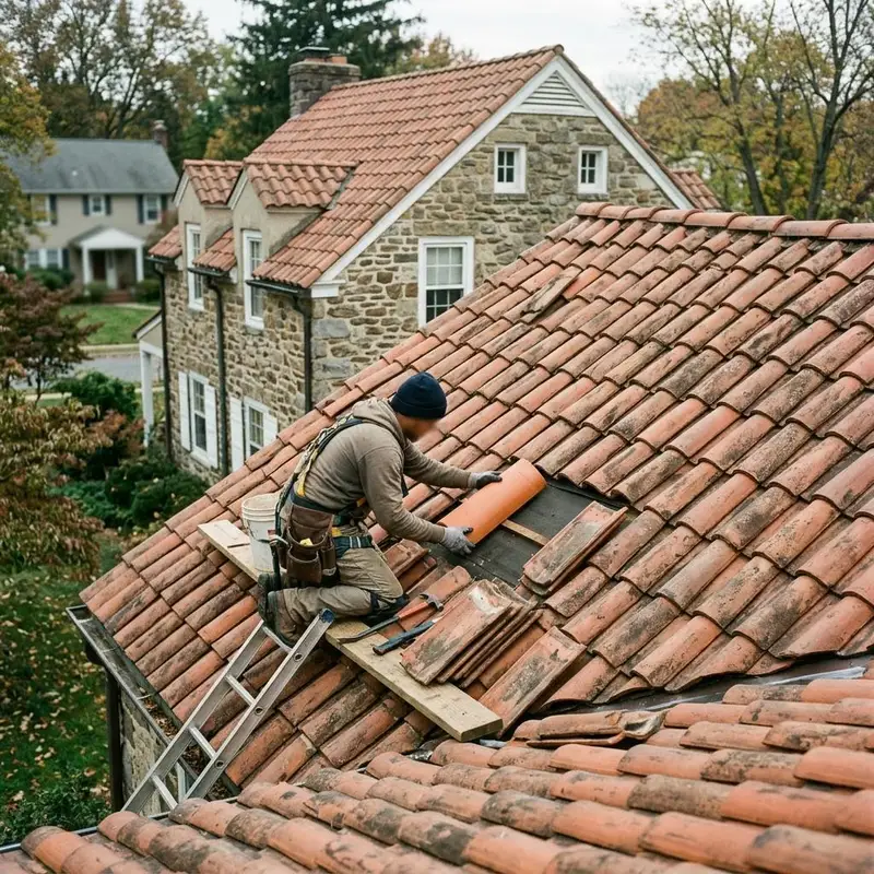 Terracotta clay tile roof with replacement tiles being set